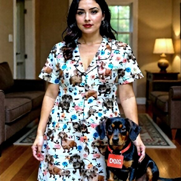 Dachshund Dog Floral Pajama Set – Short Sleeve Button Top & Shorts – LARGE - Picture 6 of 6